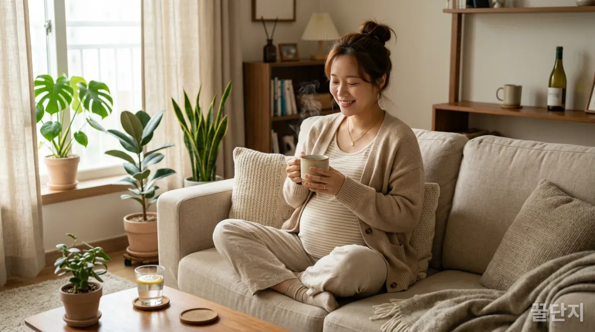 임산부가 디카페인 음료를 마시며 편안하게 쉬고 있는 모습