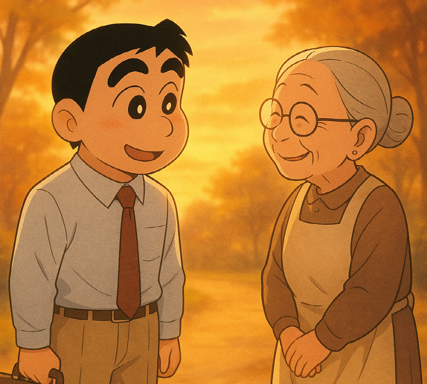 어른 짱구와 원장님이 회상 속에서 마주하는 장면