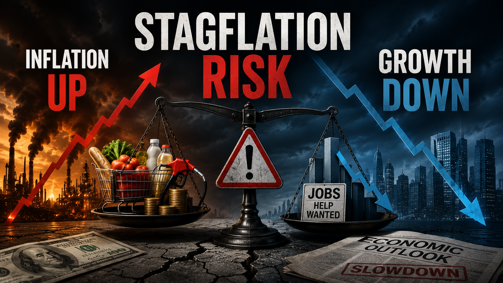 Stagflation risk illustrated by rising inflation, slowing economic growth and deteriorating market conditions.