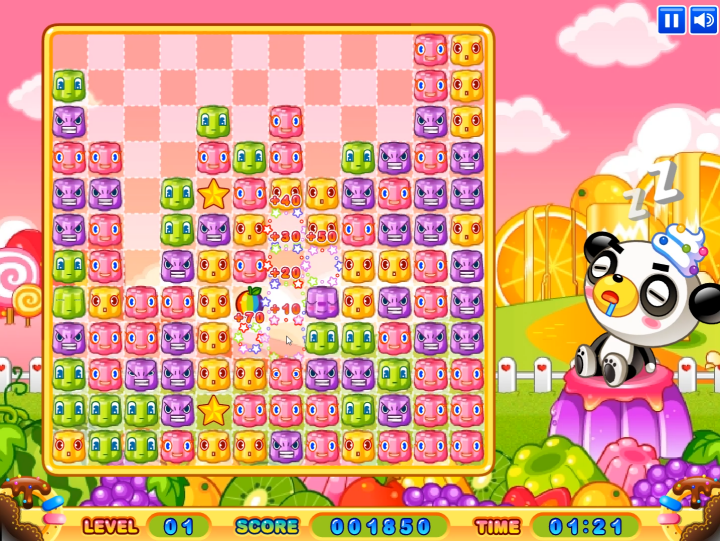 젤리-퍼즐-플래시게임-플레이-보라색-젤리-7개를-한-번에-터뜨려-아이템을-획득하는-화면