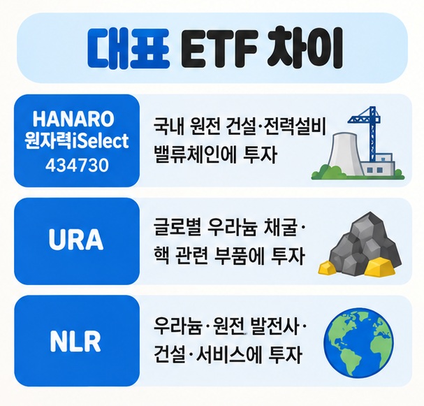 HANARO 원자력iSelect URA NLR의 주요 투자 영역 차이를 비교한 카드뉴스