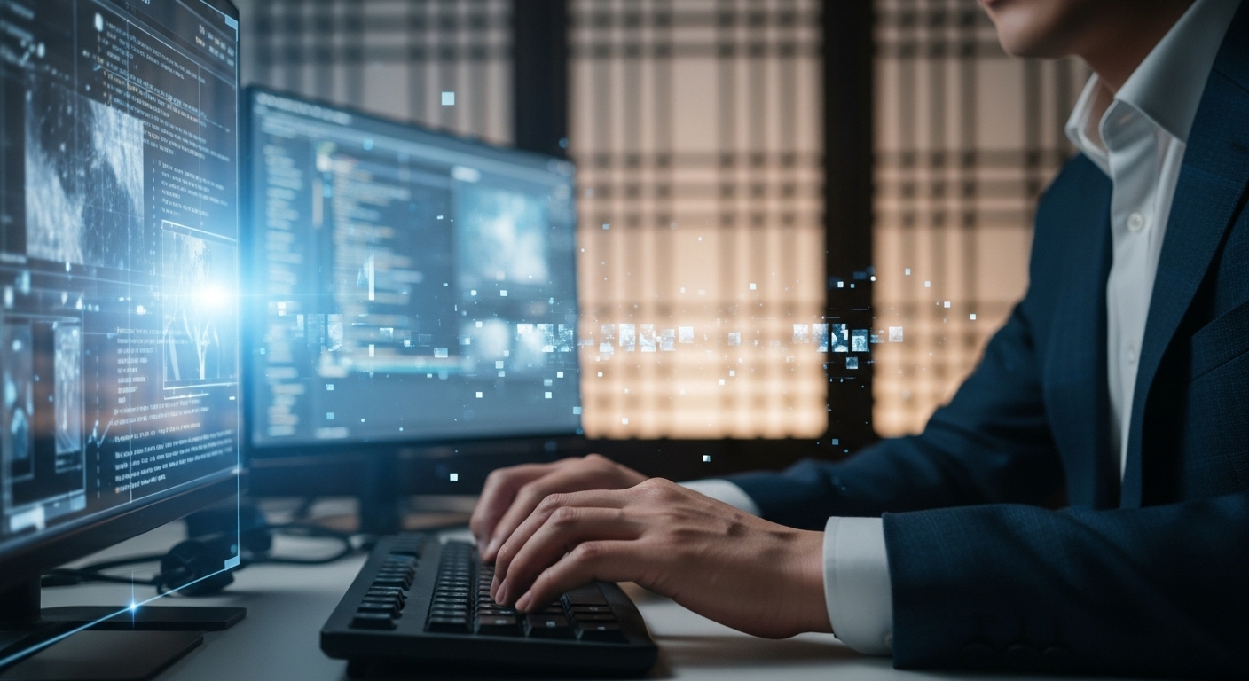 한국인 남성의 손이 키보드를 타이핑하며 AI 학습 데이터를 구축하는 모습. 주변 화면에는 코드와 이미지 파편이 보인다.