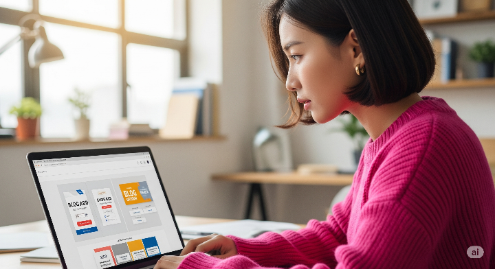 블로그 광고 디자인을 최적화하는 여성 블로거