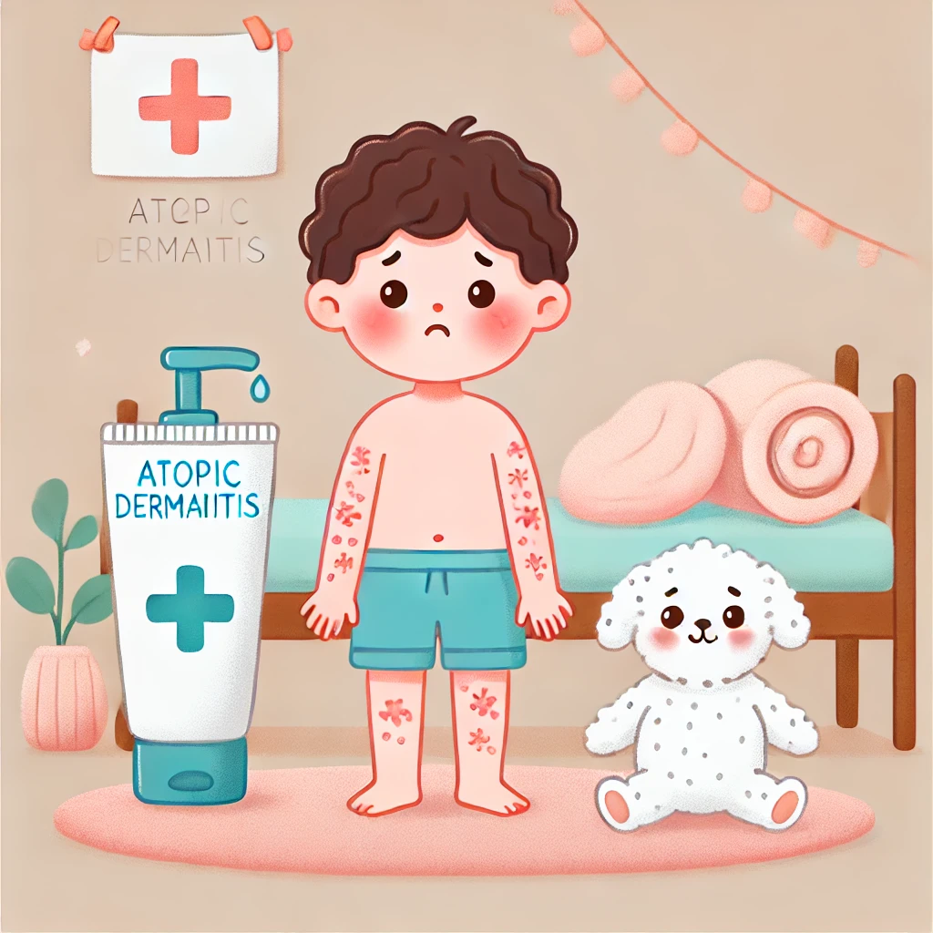 아토피 피부염으로 찡그리고 있는 남자아이 일러스트