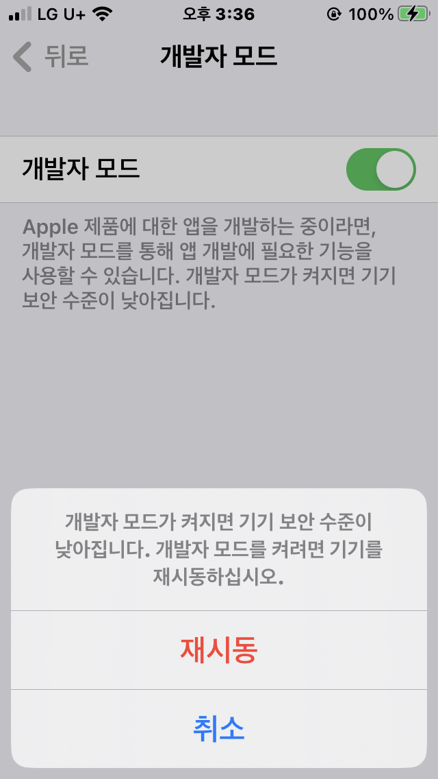 IOS 설정 > 개인정보 보호 및 보안 > 개발자 모드