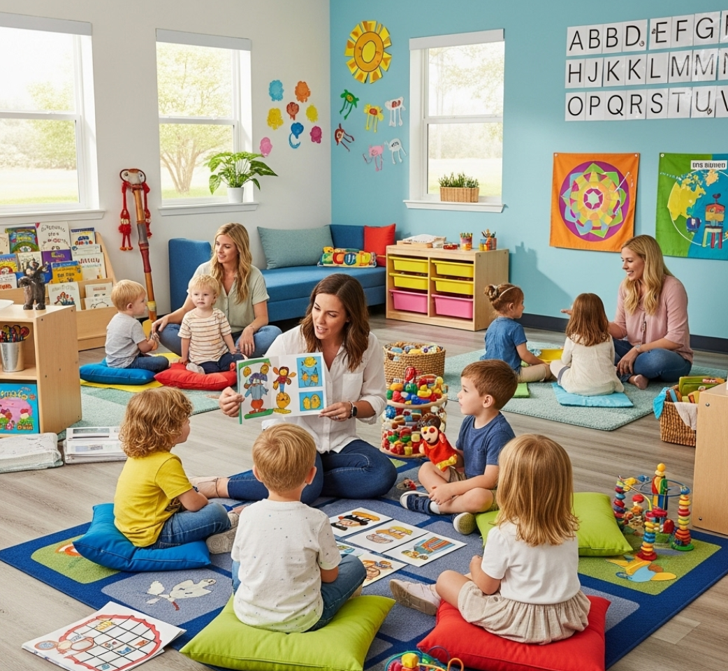 어린이집에서 교사와 아이들이 대화하는 사진