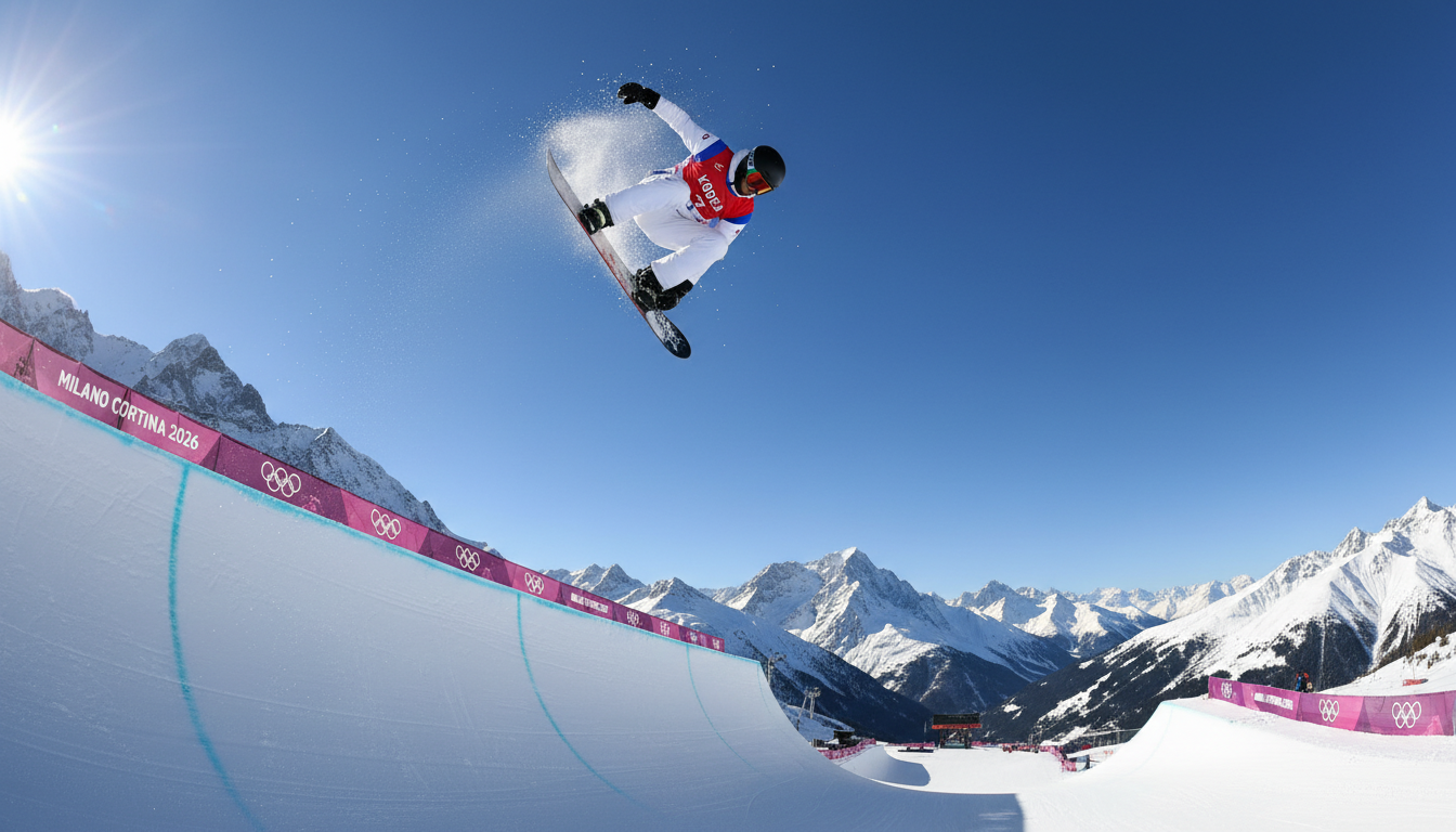 2026 밀라노 동계 올림픽 하프파이프 경기장에서 고난도 공중 기술을 펼치고 있는 대한민국 국가대표 이채운 선수의 역동적인 모습