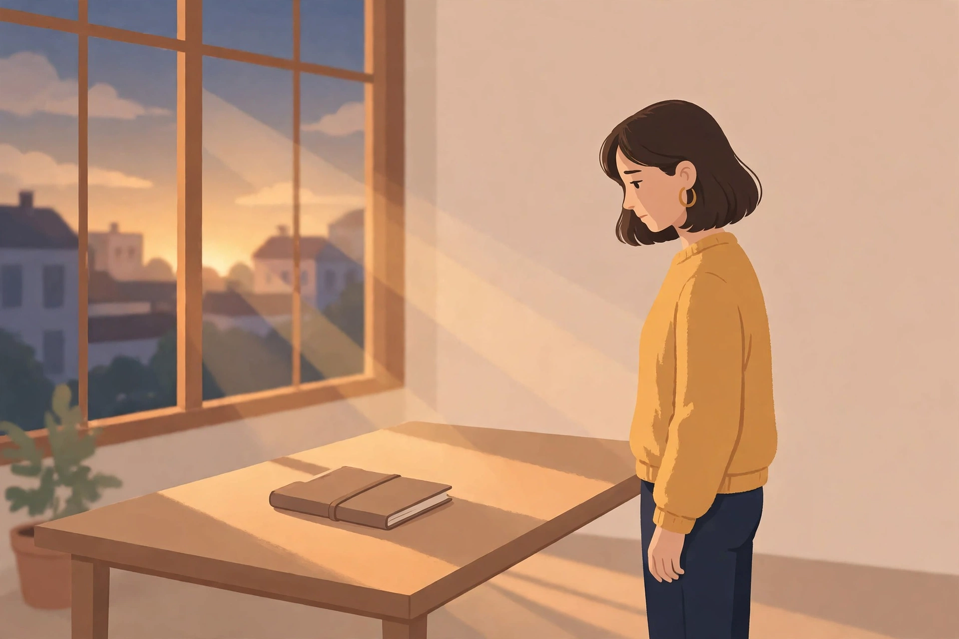 해 질 무렵 빈 사무실 책상 앞에 홀로 선 여성 일러스트