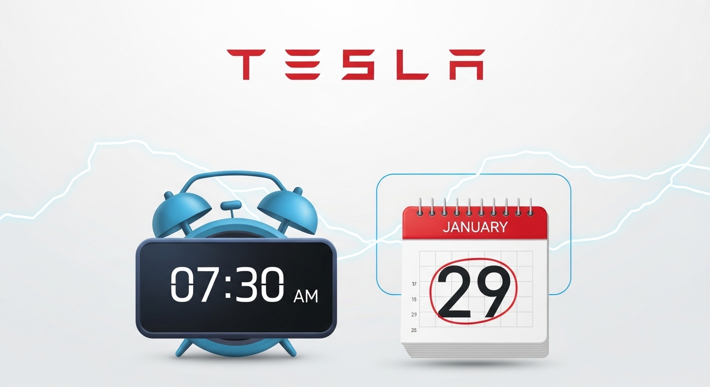 Infographic with Tesla logo and alarm clock (0730 AM) on a January 29th calendar.
