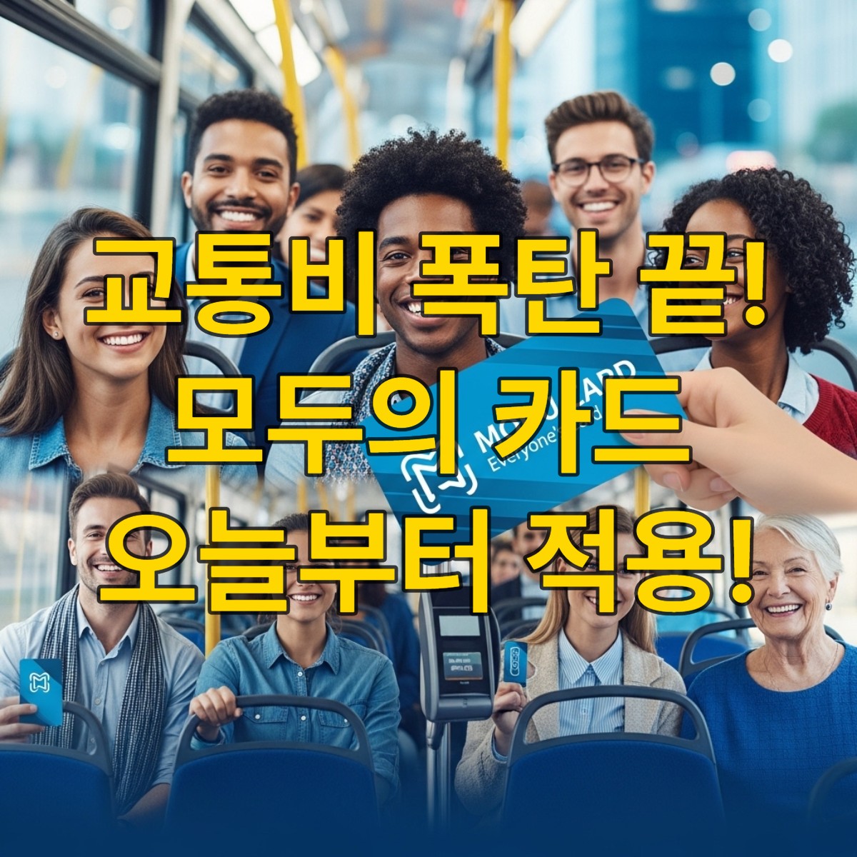 2026년 대중교통을 이용하는 다양한 연령대의 사람들이 '모두의 카드'로 교통비 환급 혜택을 받으며 미소 짓는 모습