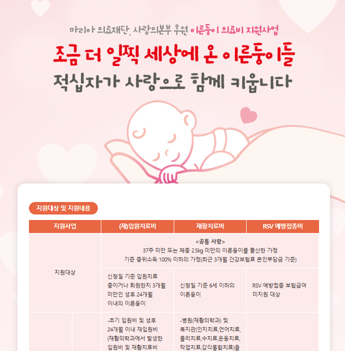 이른둥이를 위한 의료비 지원 프로그램 일부