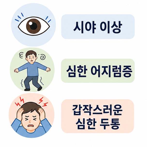 시야 이상과 심한 어지럼증, 갑작스러운 심한 두통을 세 가지 아이콘으로 정리한 그림