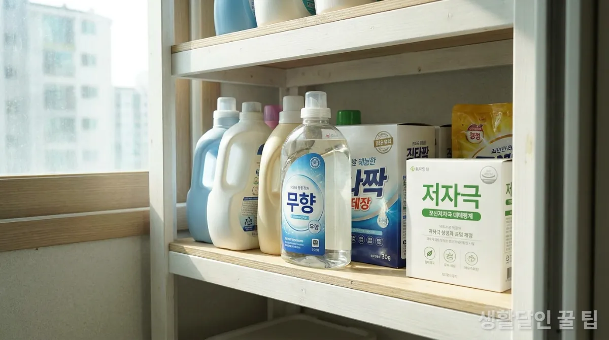 다양한 세탁 세제 제품들이 놓인 선반