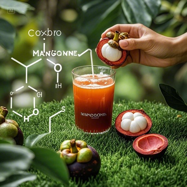 신선한 망고스틴 과일과 주스, 망고스틴의 단면도와 크산톤 분자 구조