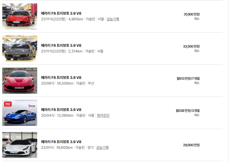 페라리 F8 중고차 가격 시세표 유지비