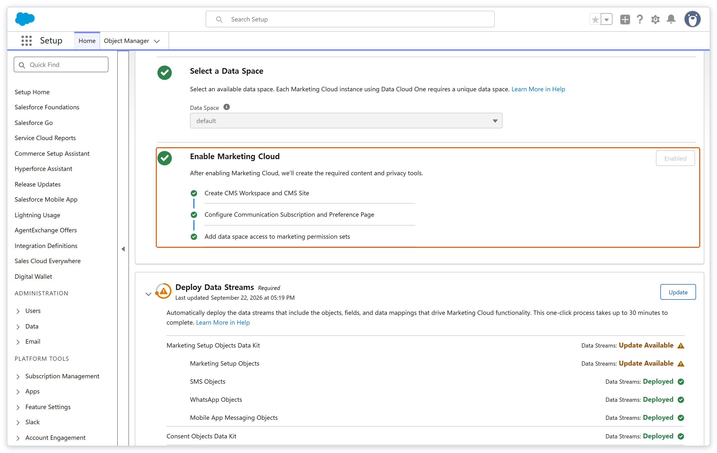 Enable Marketing Cloud 단계와 자동으로 완료된 세 항목