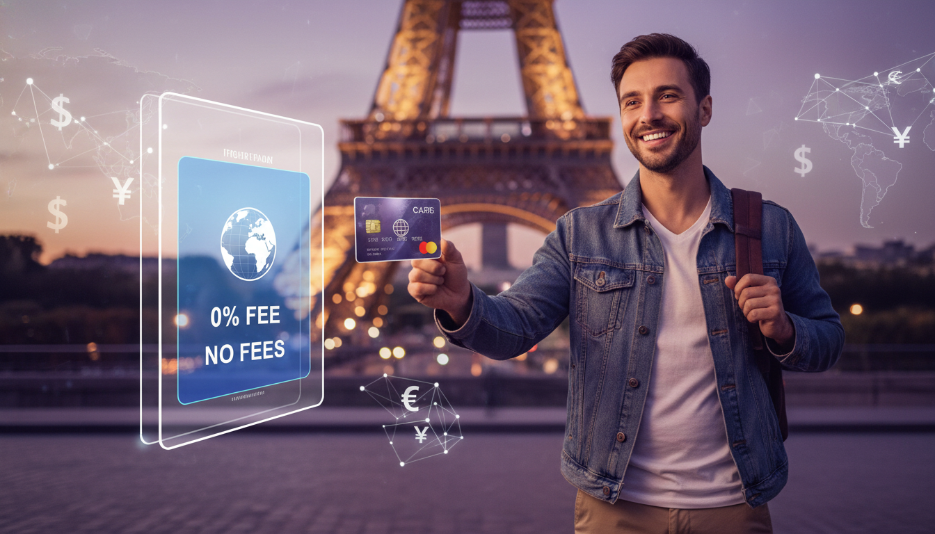 2026년 해외여행자가 파리 에펠탑 앞에서 트래블카드로 결제하며 수수료 면제 혜택을 누리는 모습, 스마트한 여행 금융을 상징.