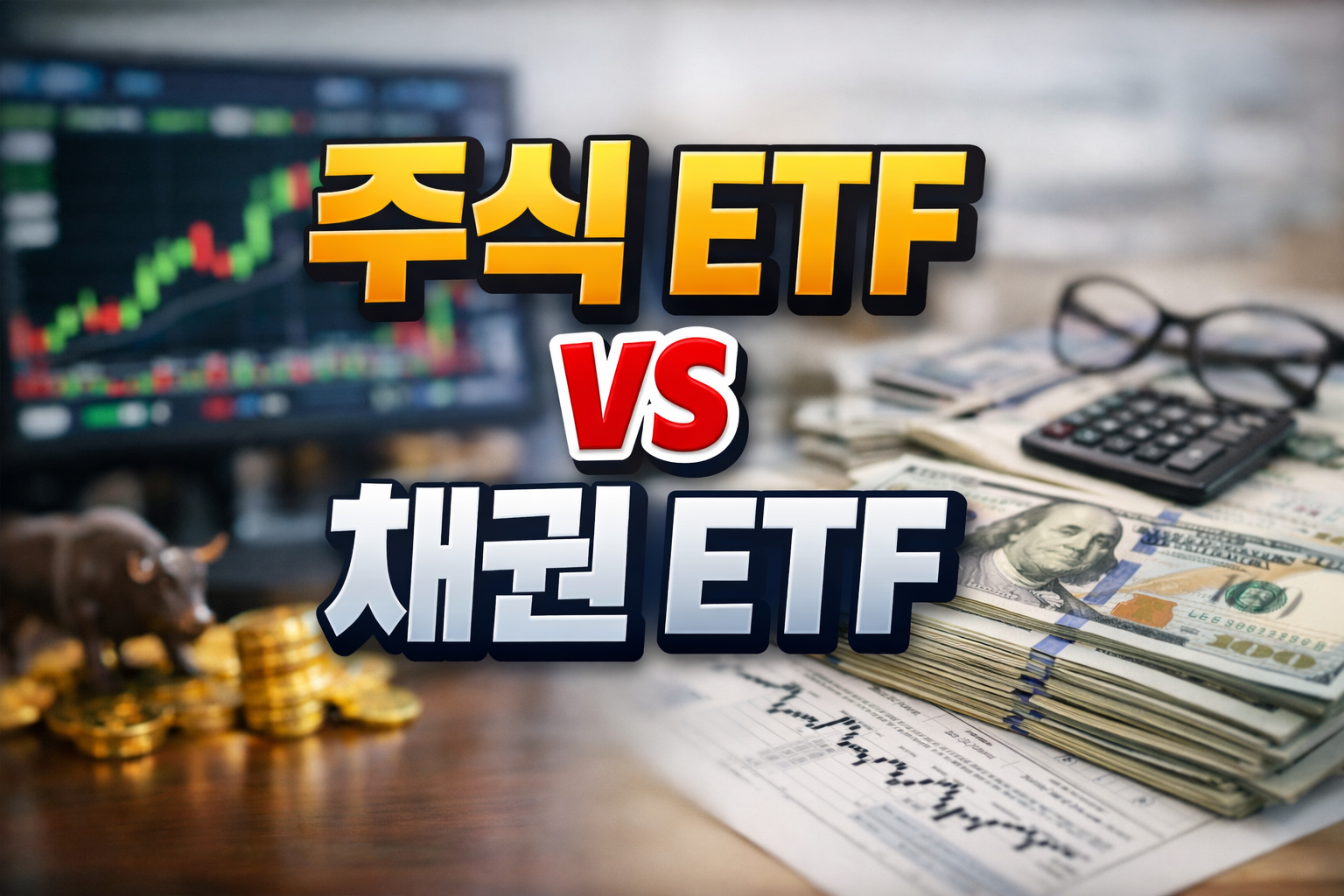주식형 ETF와 채권형 ETF를 비교하는 썸네일 이미지, 주가 차트와 달러 지폐, 계산기, 동전이 배경에 배치된 금융 비교 콘셉트 이미지