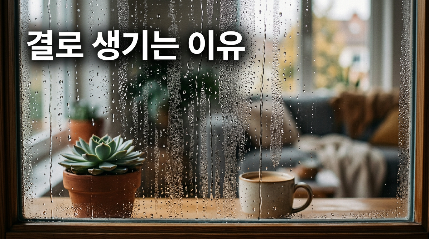 창문에 맺힌 결로 물방울을 보여주는 사진