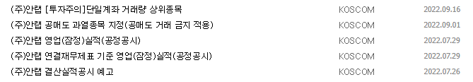 안랩 공시 목록