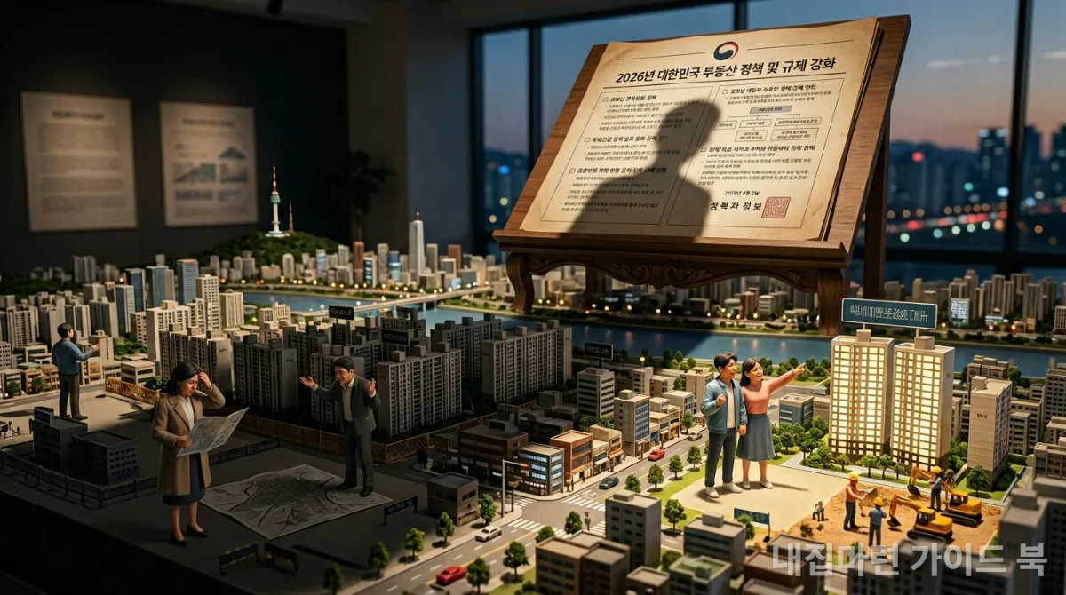 2026년 한국 부동산 정책 변화가 시장에 미치는 영향을 시각적으로 표현한 이미지