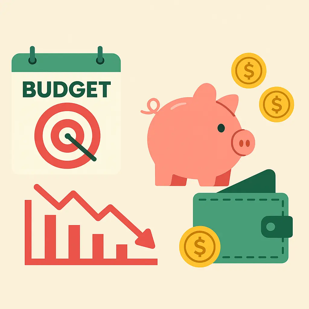 달력-아이콘에-‘BUDGET’-텍스트와-타깃-표시-돼지고기-저금통-그래프-지갑-아이콘이-배치되어-소비-억제를-위한-목표-지출-설정-개념을-시각적으로-설명한-인포그래픽