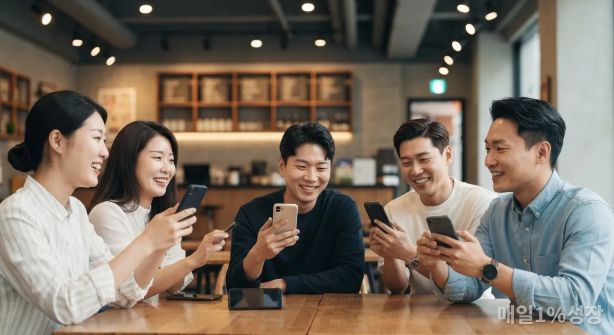 카페에서 스마트폰으로 각자의 갓생 루틴을 공유하며 소통하는 MZ세대 청년들
