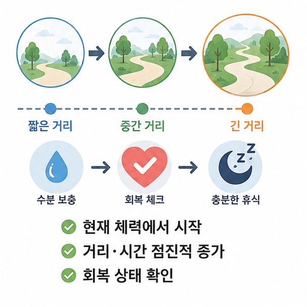 짧은 거리에서 점차 길어지는 러닝 코스와 회복 아이콘으로 LSD 거리와 시간을 점진적으로 늘리는 방법을 설명한 이미지