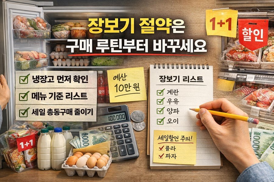 냉장고 재고 확인과 메뉴 기준 장보기 리스트 작성, 세일 충동구매 줄이기로 장보기 예산을 절약하는 방법을 보여주는 체크리스트 이미지