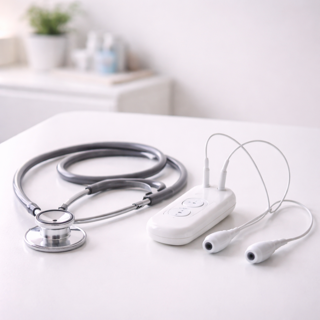 이명 원인 감별을 위한 청력검사와 진료 평가를 상징하는 정물 이미지