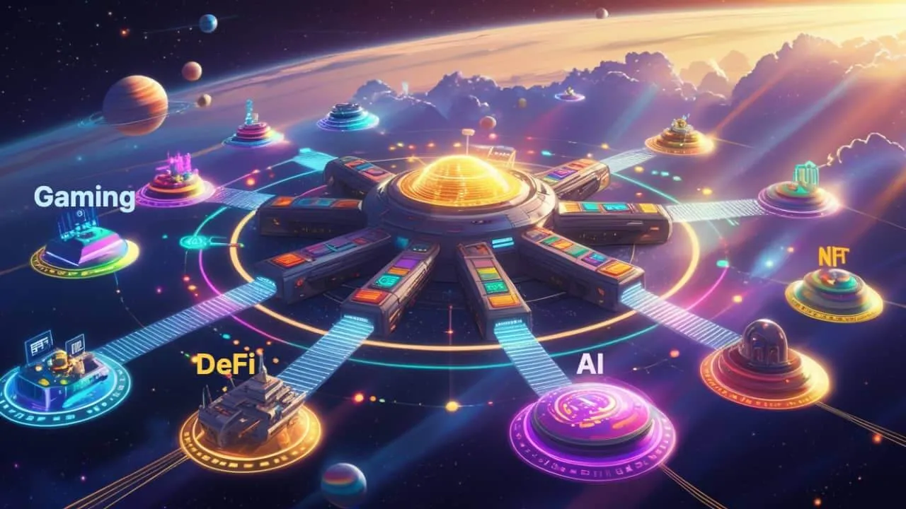 Dymension Hub를 중심으로 Gaming, DeFi, NFT, AI 등 다양한 RollApp들이 빛의 다리로 연결된 모듈러 블록체인 네트워크를 표현한 3D 우주정거장 일러스트. 2025년 차세대 블록체인 기술인 RollApp의 상호연결성과 확장성을 시각화한 이미지.