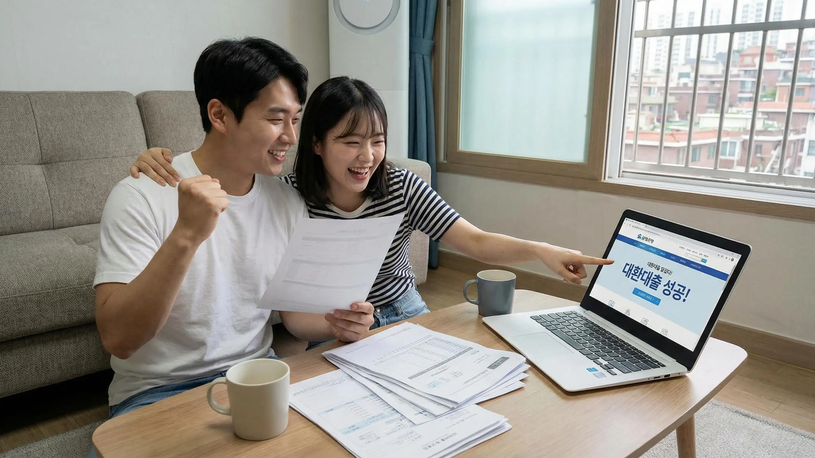 높은 금리의 대출 상품에서 낮은 금리의 상품으로 갈아타기에 성공하고 기뻐하는 세입자의 모습