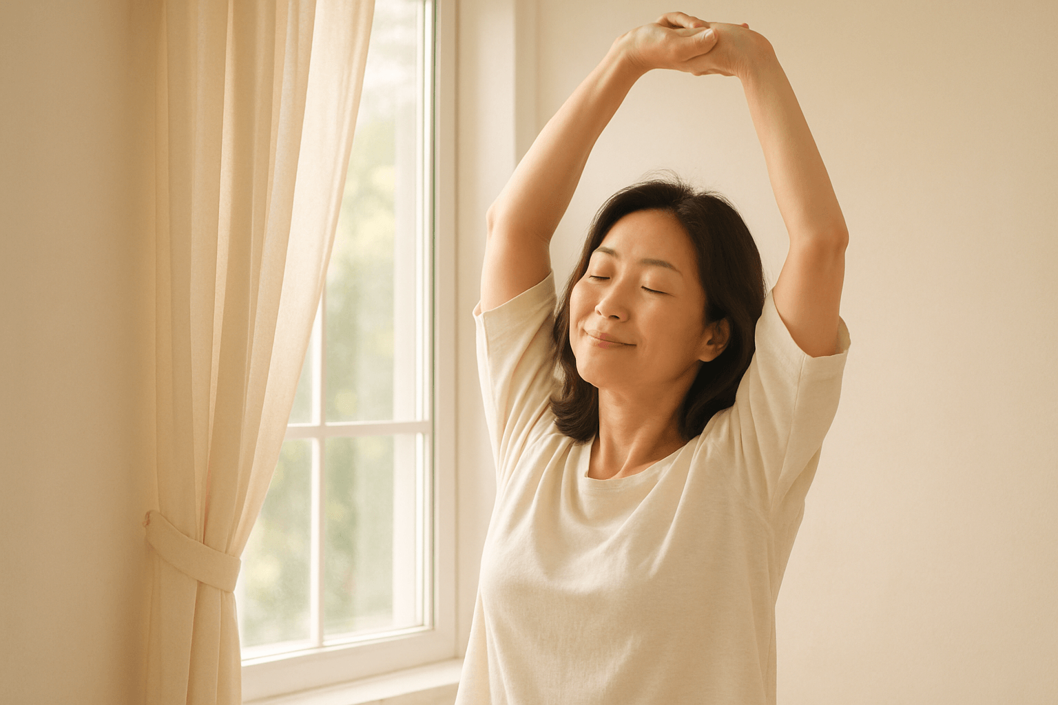 아침 햇살이 비치는 창가에서 팔을 올리고 스트레칭하는 한국 여성