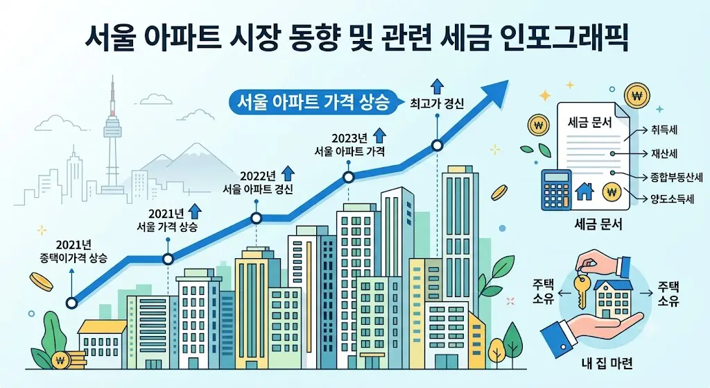 서울 아파트 단지와 상승 그래프 라인, 세금 문서 아이콘, 깔끔한 인포그래픽 스타일
