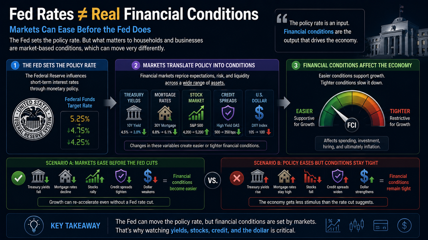Federal Reserve policy rates versus real financial conditions through Treasury yields stocks dollar and credit spreads