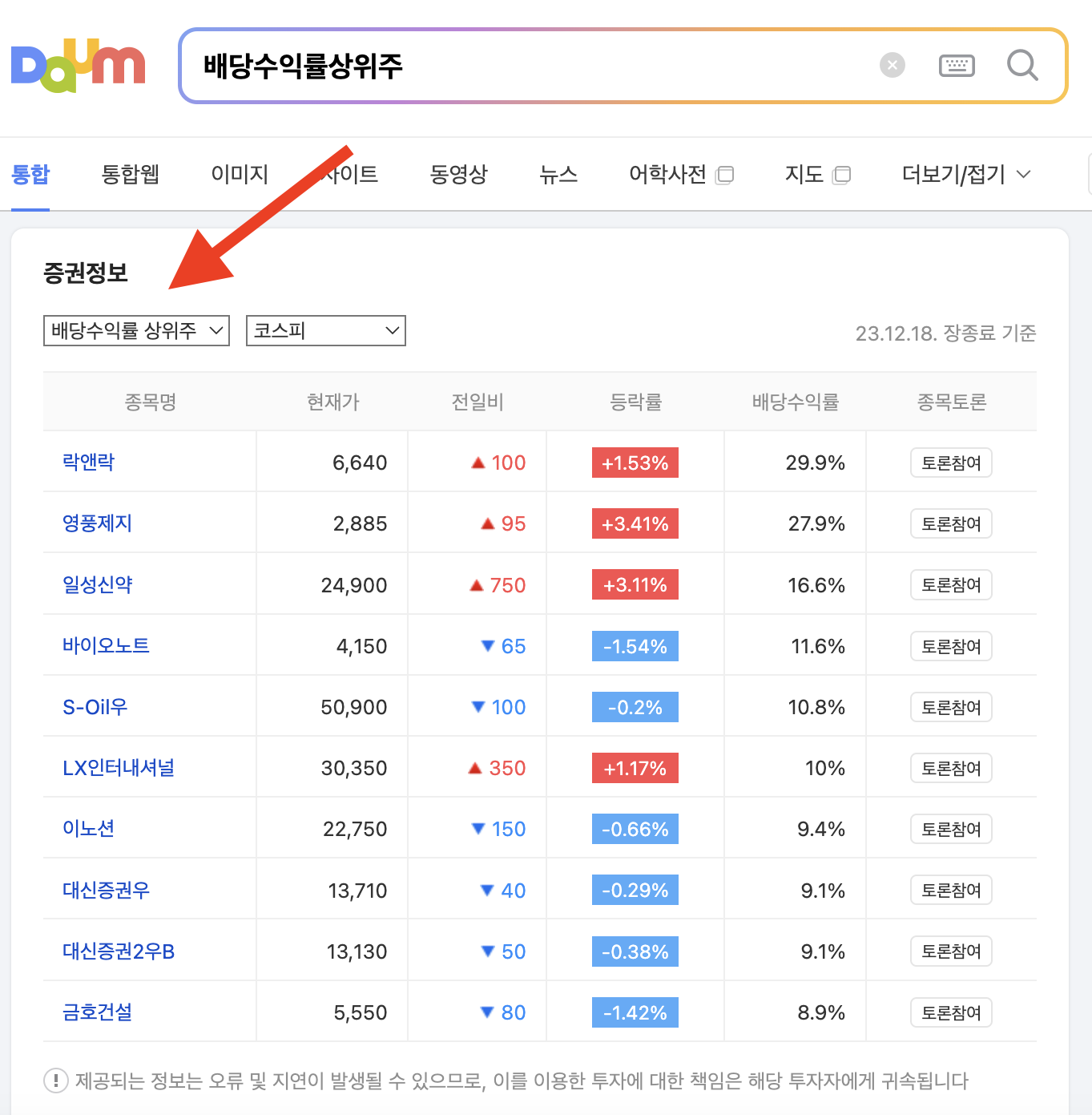 배당수익률상위주 검색