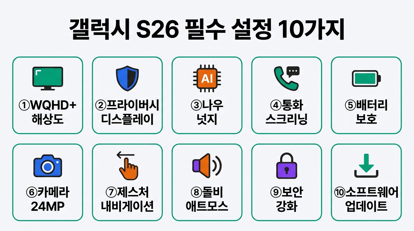 갤럭시 S26 필수 설정 10가지를 정리한 인포그래픽 이미지
