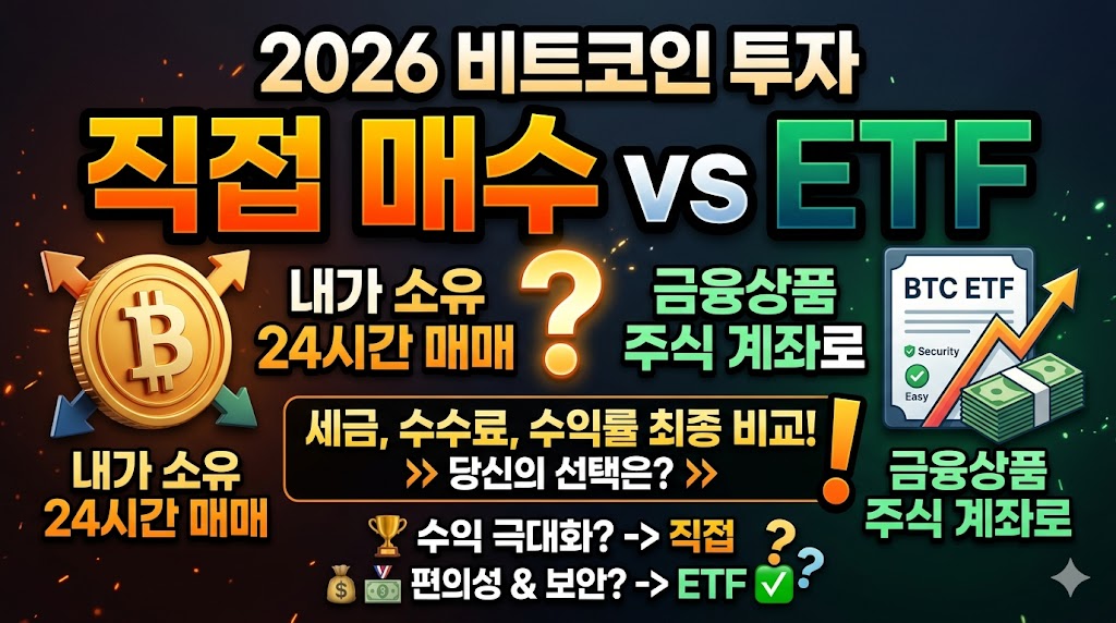2026년 비트코인 투자 전략 비교 썸네일. 중앙의 대형 물음표를 중심으로 왼쪽에는 황금색 비트코인 동전 이미지와 '내가 소유, 24시간 매매'라는 문구가 포함된 '직접 매수' 섹션이 배치됨. 오른쪽에는 주식 차트와 지폐 아이콘, '금융상품, 주식 계좌로'라는 문구가 포함된 'ETF' 섹션이 대비를 이룸. 상단에는 '2026 비트코인 투자 직접 매수 vs ETF'라는 타이틀이 있으며, 하단에는 '세금, 수수료, 수익률 최종 비교', '수익 극대화는 직접 매수, 편의성 및 보안은 ETF'라는 요약 문구가 포함되어 투자자의 선택을 돕는 가독성 높은 금융 정보 이미지.