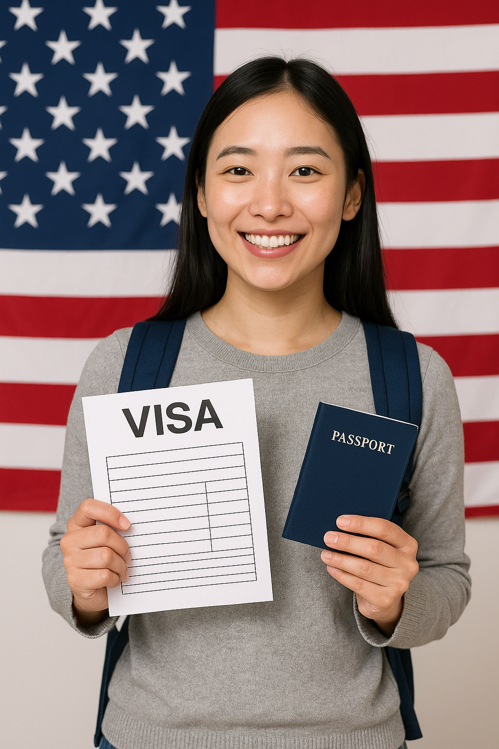 미국 국기 앞에서 비자 신청서와 여권을 들고 웃고 있는 유학생