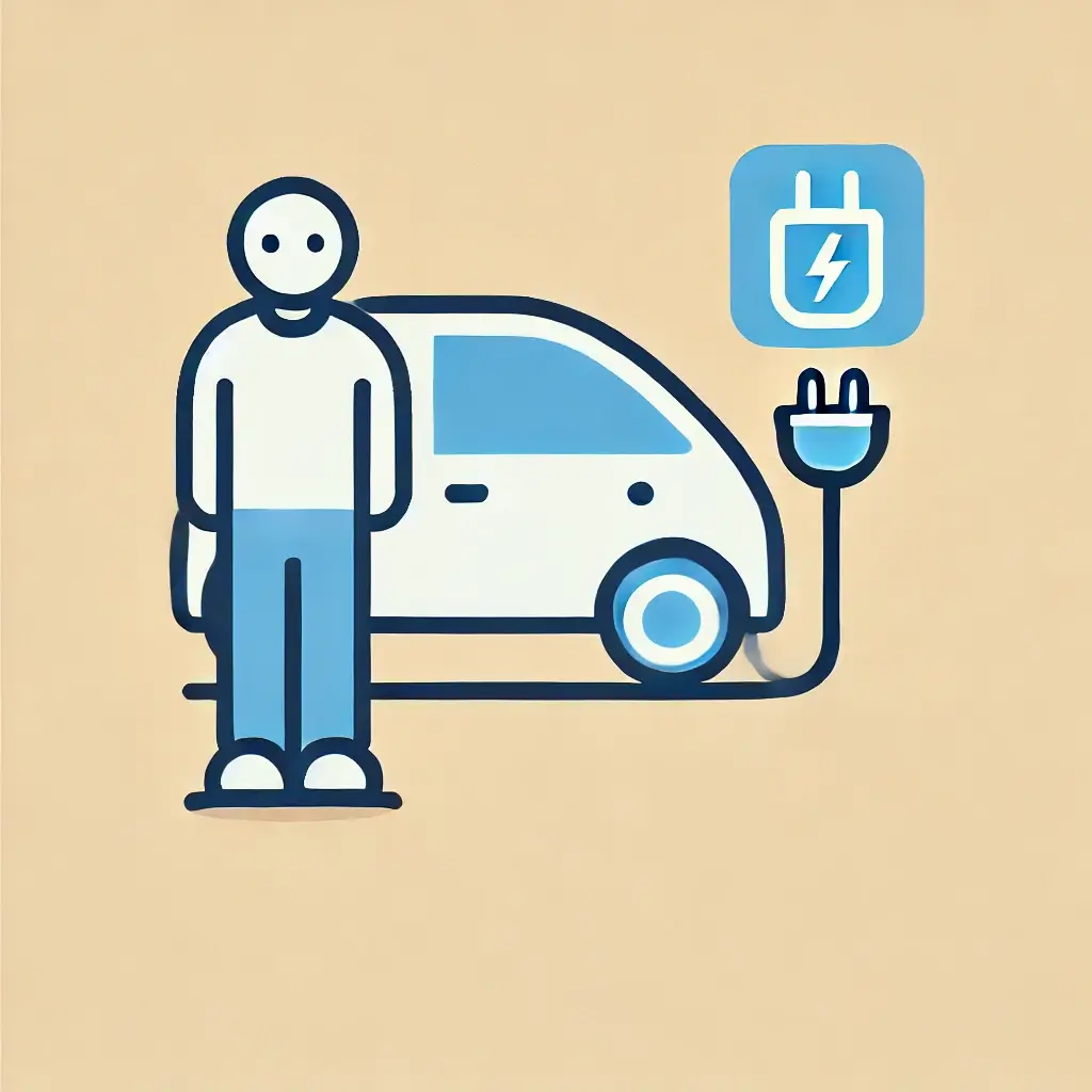 사람이 파란색 번호판이 부착된 전기차 옆에 서 있는 모습