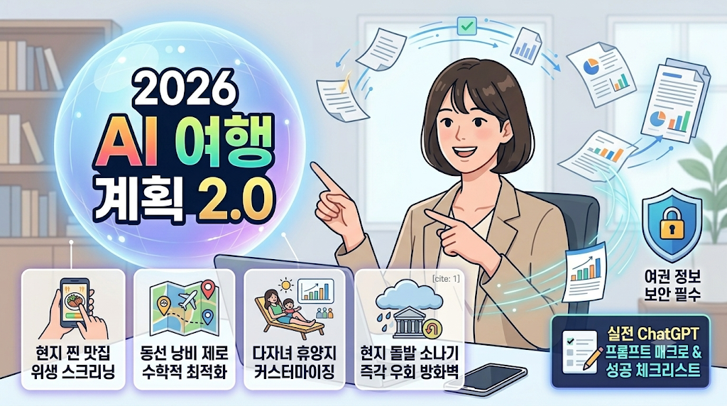 '2026 AI 여행 계획 2.0'이라는 대형 타이틀 아래, 한 여성 자산 비서가 스마트폰과 MacBook을 활용해 하나투어, 트립닷컴, 구글 여행 AI 등 주요 플랫폼의 로고와 '가성비 패키지 검색', '최단 동선 설계', '현지 돌발 상황 우회' 기능, 그리고 실전 맛집 프롬프트 매크로 및 여권 데이터 보안 수칙을 요약한 스마트한 인포그래픽 썸네일입니다.