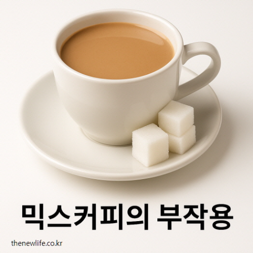 A cup of light coffee with sugar cubes on a white plate, symbolizing the habitual consumption of sweetened mix coffee./설탕 큐브가 곁들여진 연한 믹스커피 한 잔. 달콤한 커피에 습관적으로 길들여진 모습을 상징함.