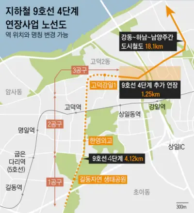 지하철 9호선 4단계 연장사업 노선도&#44; 강동하남남양주선 기본계획 고시