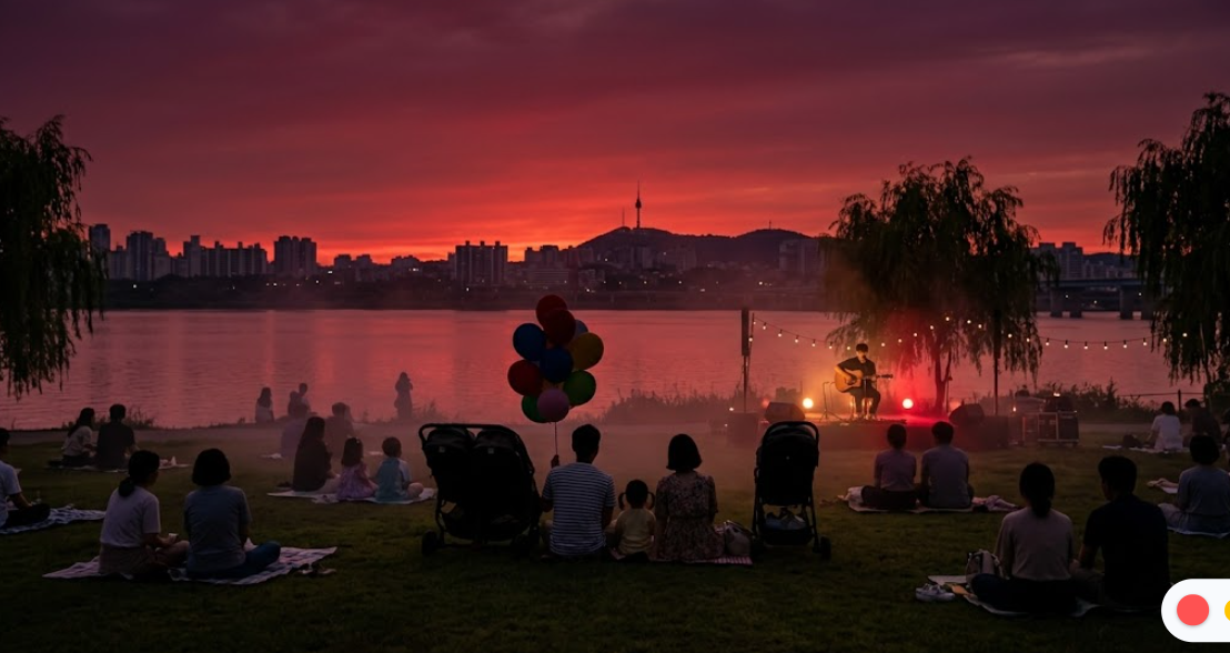 서래섬 뒤로 붉게 물드는 일몰과 피크닉 콘서트를 즐기는 사람들