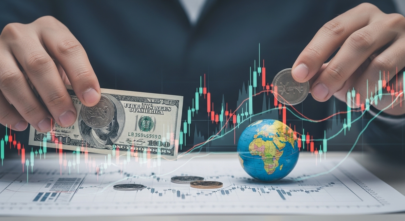 변동성이 큰 환율 시장에서 개인과 기업이 현명하게 투자하고 위험을 관리하는 전략적 금융 계획을 상징하는 이미지.