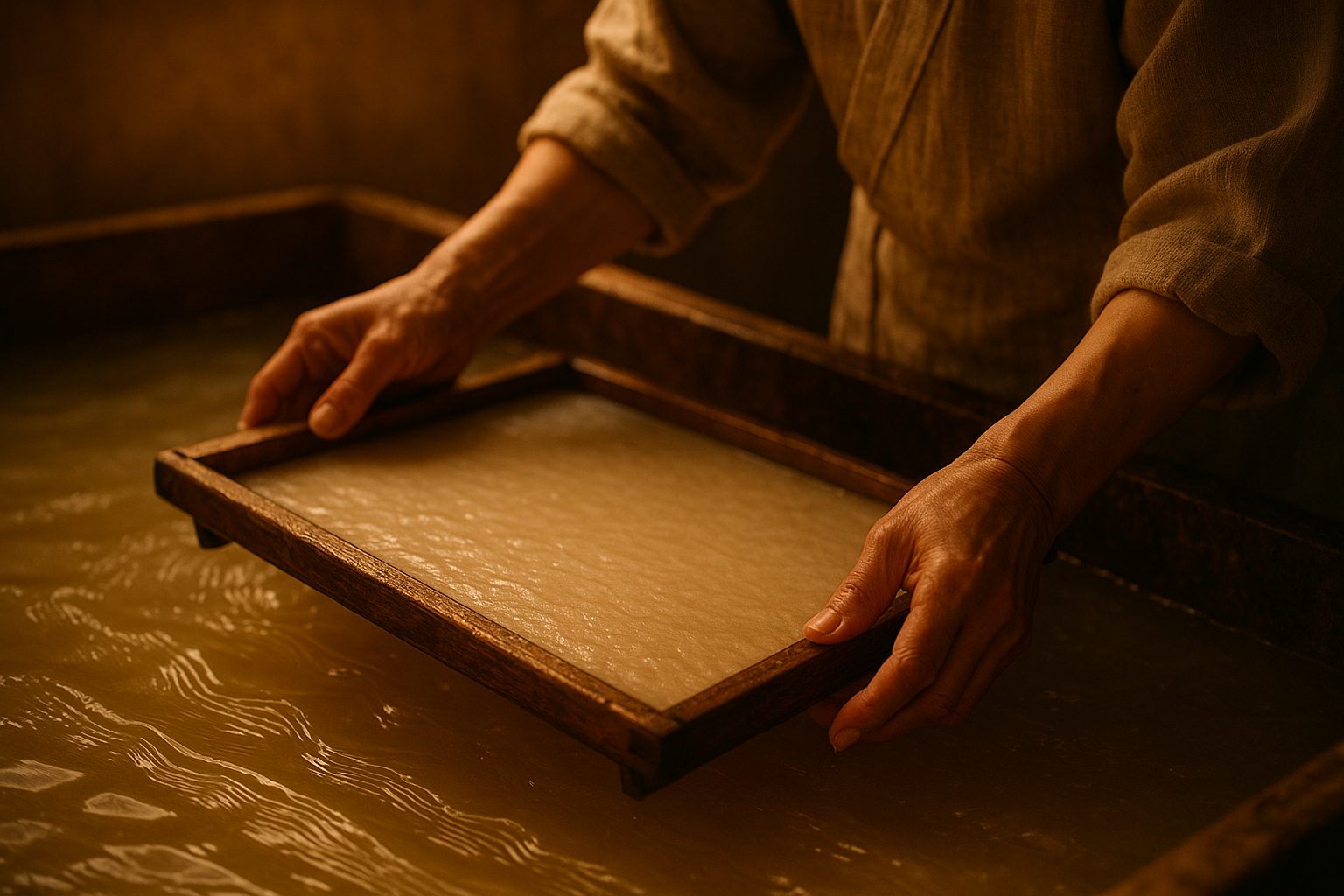 따뜻한 조명 아래에서 닥나무 섬유를 다루는 한지 장인의 모습