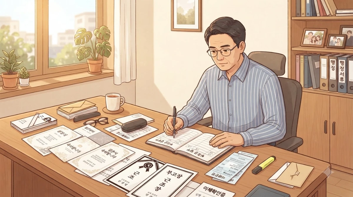 한국인 중년 남성이 사무실 책상에 앉아 펼쳐진 청첩장과 부고장을 정리하며 수첩에 지출 내역을 기록하는 장면.