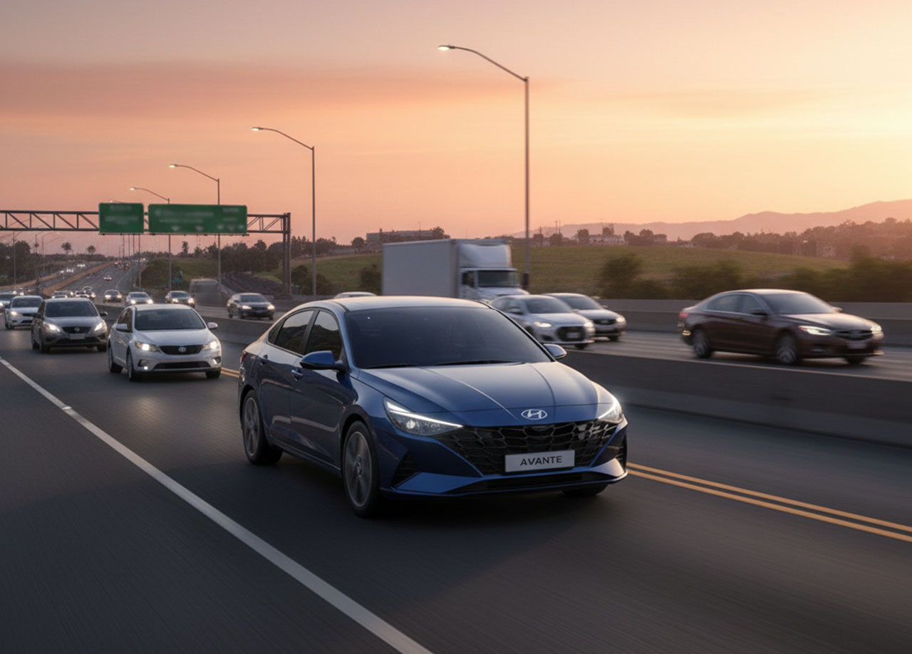 고속도로 위를 달리고 있는 현대 아반떼 하이브리드 차량 모습