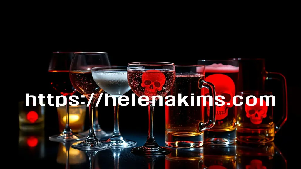 칵테일 잔과 맥주 잔이 어두운 배경 속에 놓여 있고, 그 술잔 안에는 해골이 들어 있는 모습.