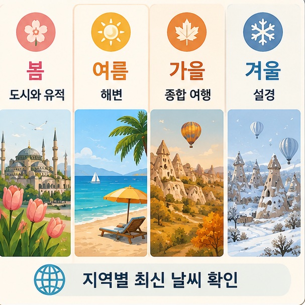 봄의 도시와 유적, 여름 해변, 가을 자연 여행, 겨울 카파도키아 설경을 비교해 여행 목적에 따라 적절한 계절이 달라짐을 보여 주는 그림
